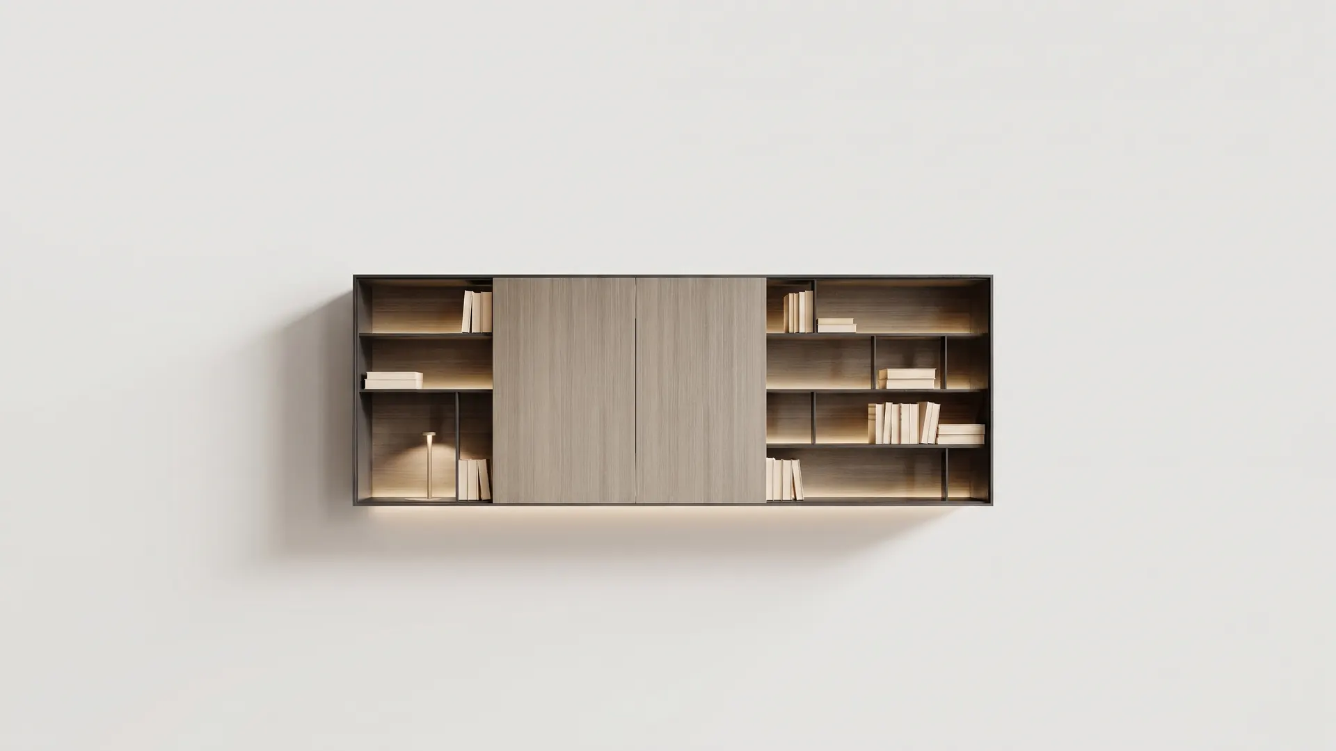 A floating oak media wall whose doors slide apart to reveal the screen