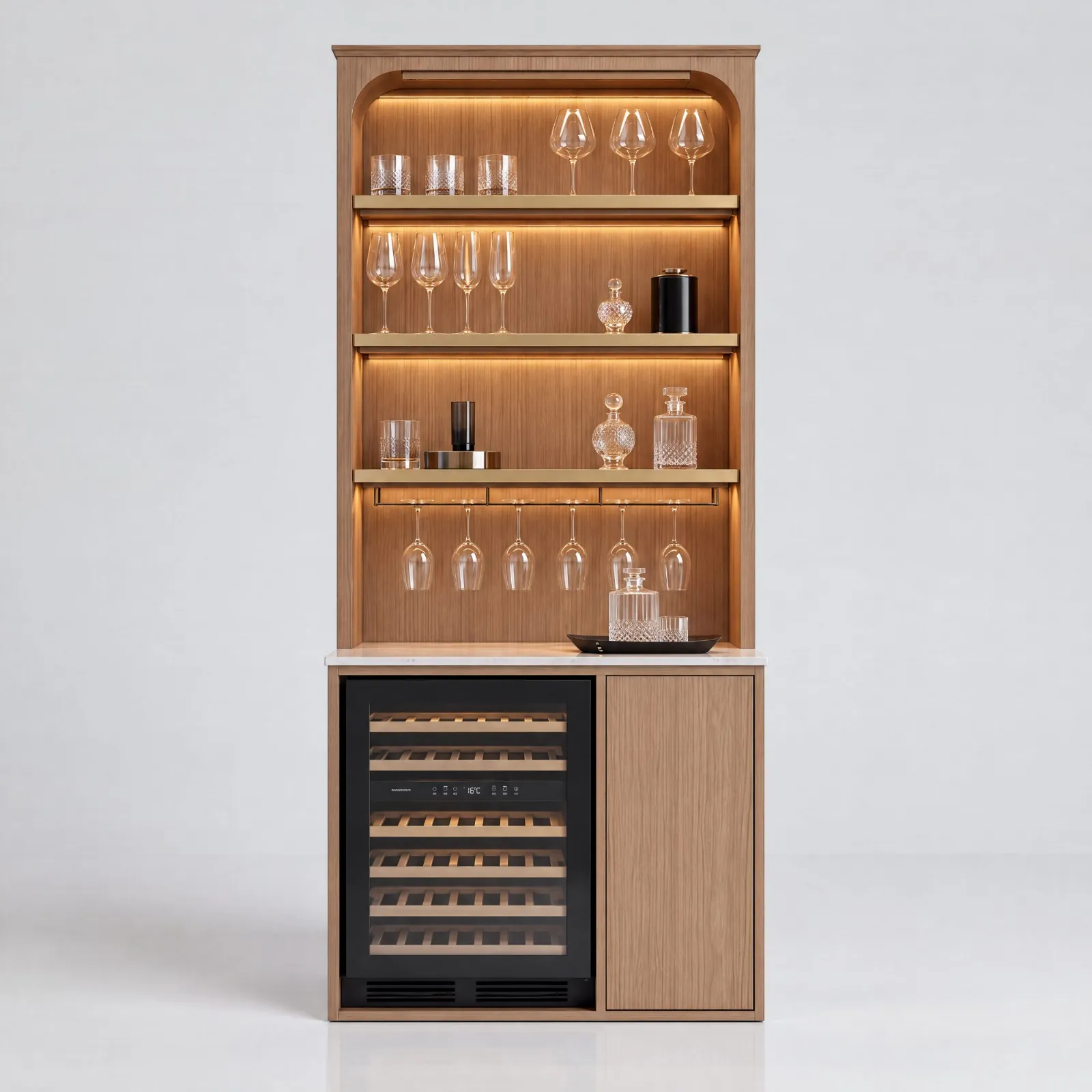 A freestanding oak bar cabinet with lit glass shelves and a wine fridge