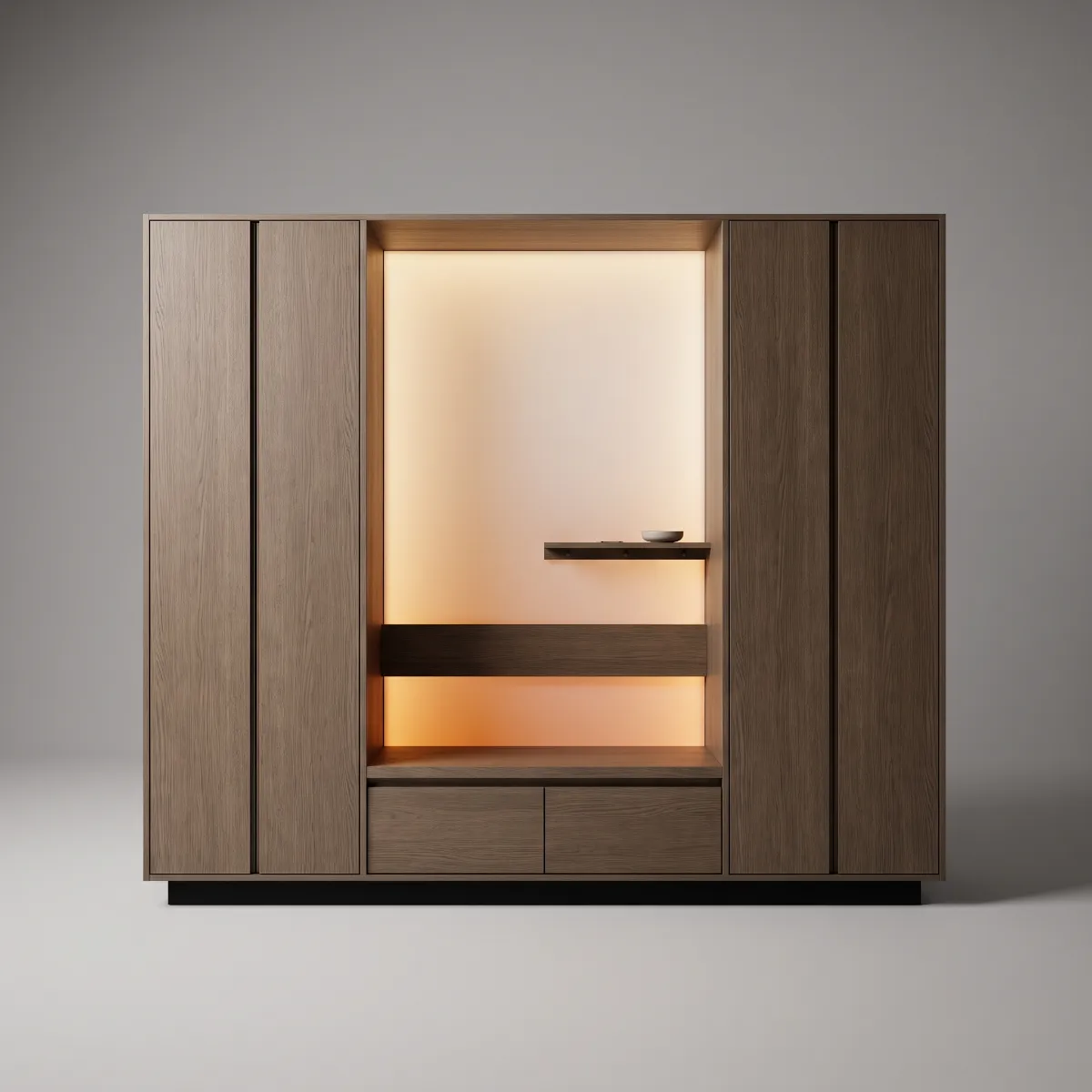 An oak entry wall with four tall doors and a lit niche holding a bench and a key shelf
