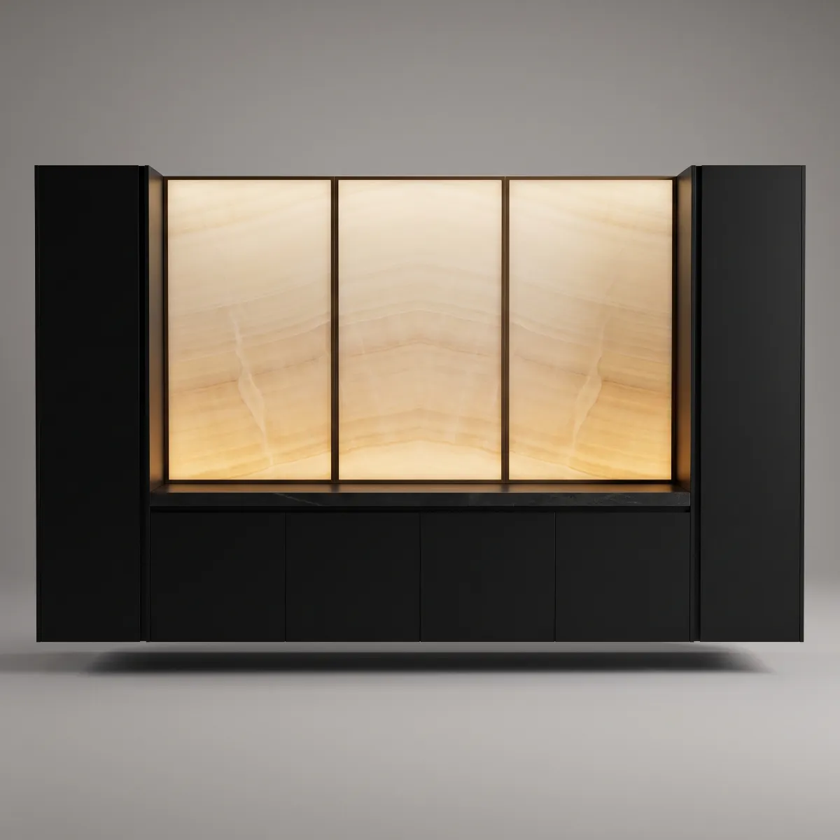 A floating black sideboard with three backlit onyx panels between two tall cupboards