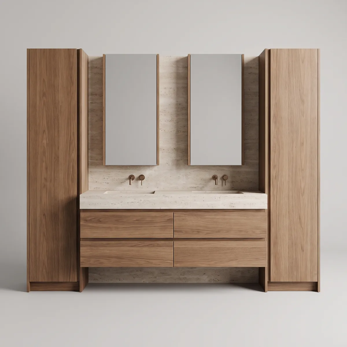 A walnut double vanity with a travertine top and two mirror cabinets between tall linen towers