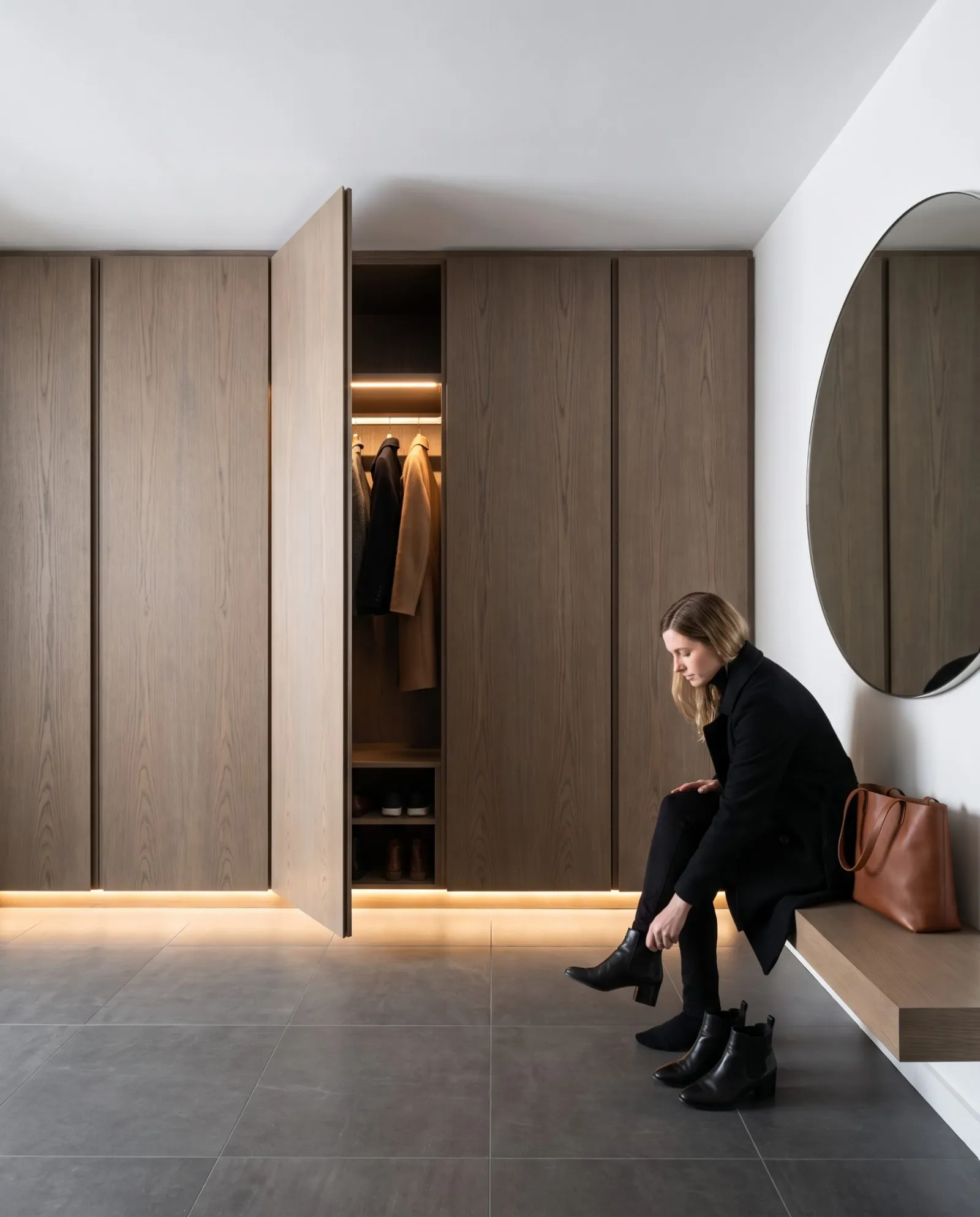 An entry wall of smoked oak, one door open to coats and shoes