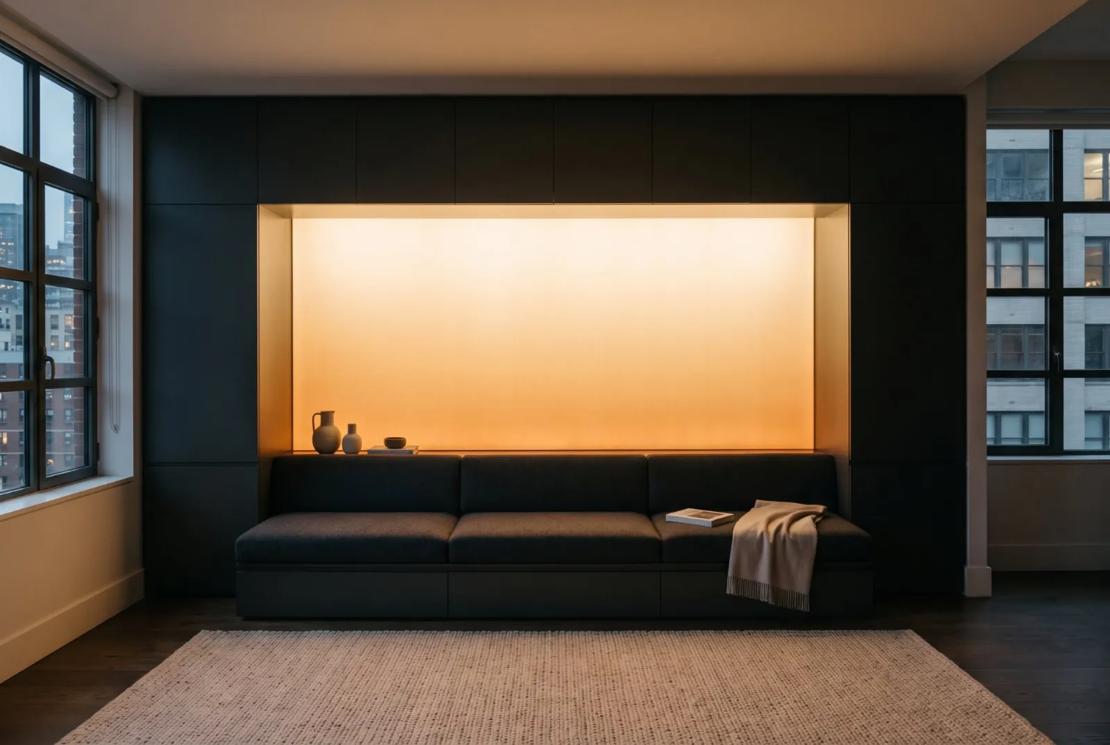 A built-in sofa backed by a glowing amber panel