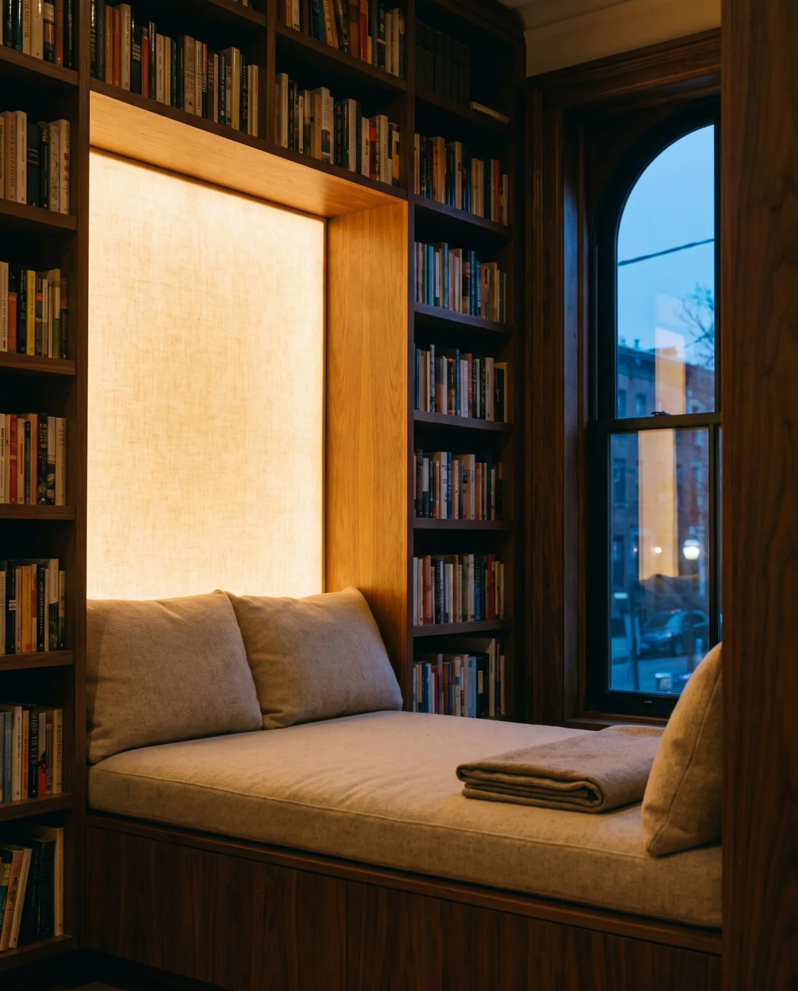 A walnut library wall with a lit window seat