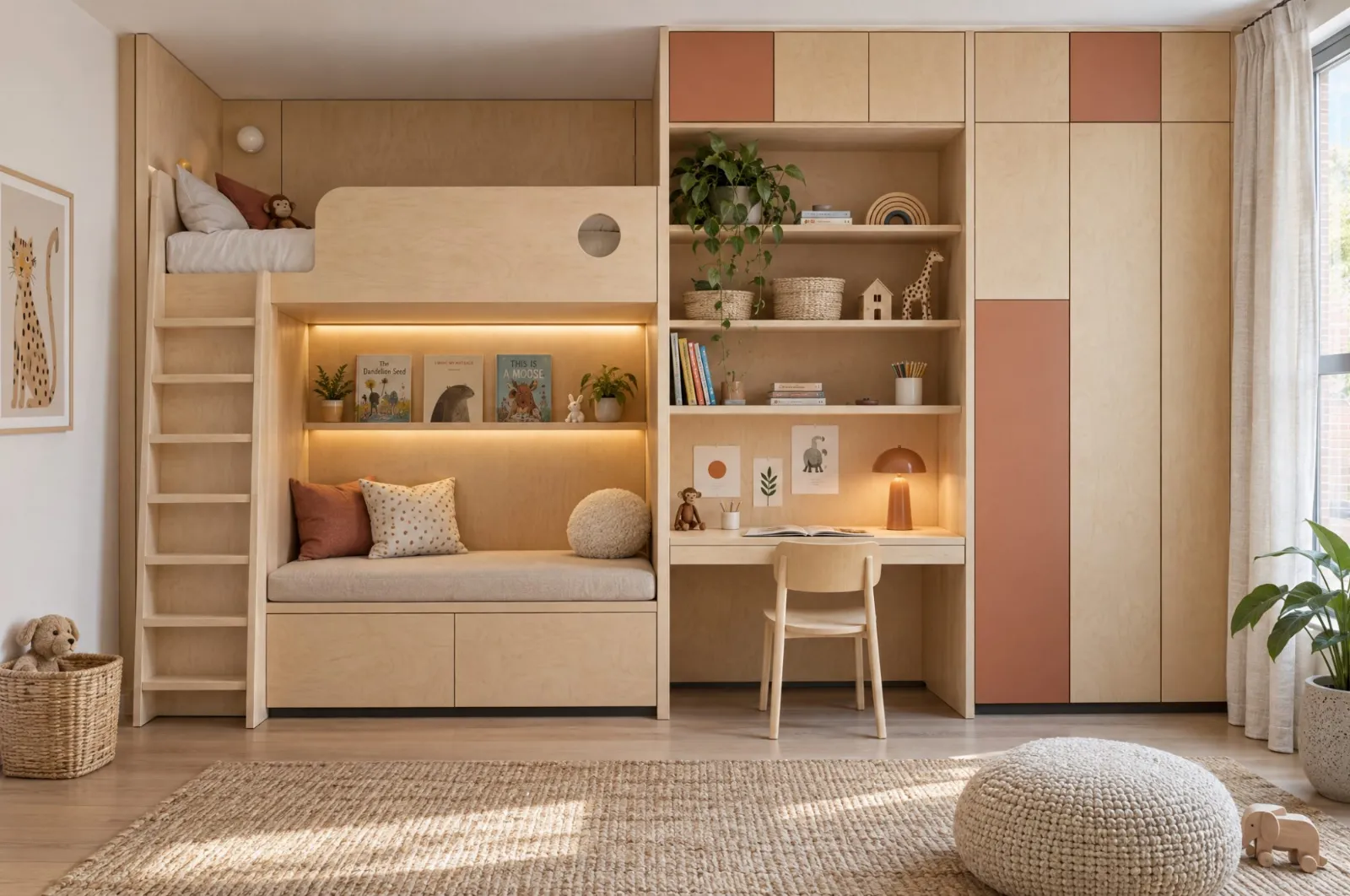 A child's room wall with a loft bed, lit reading bench and desk