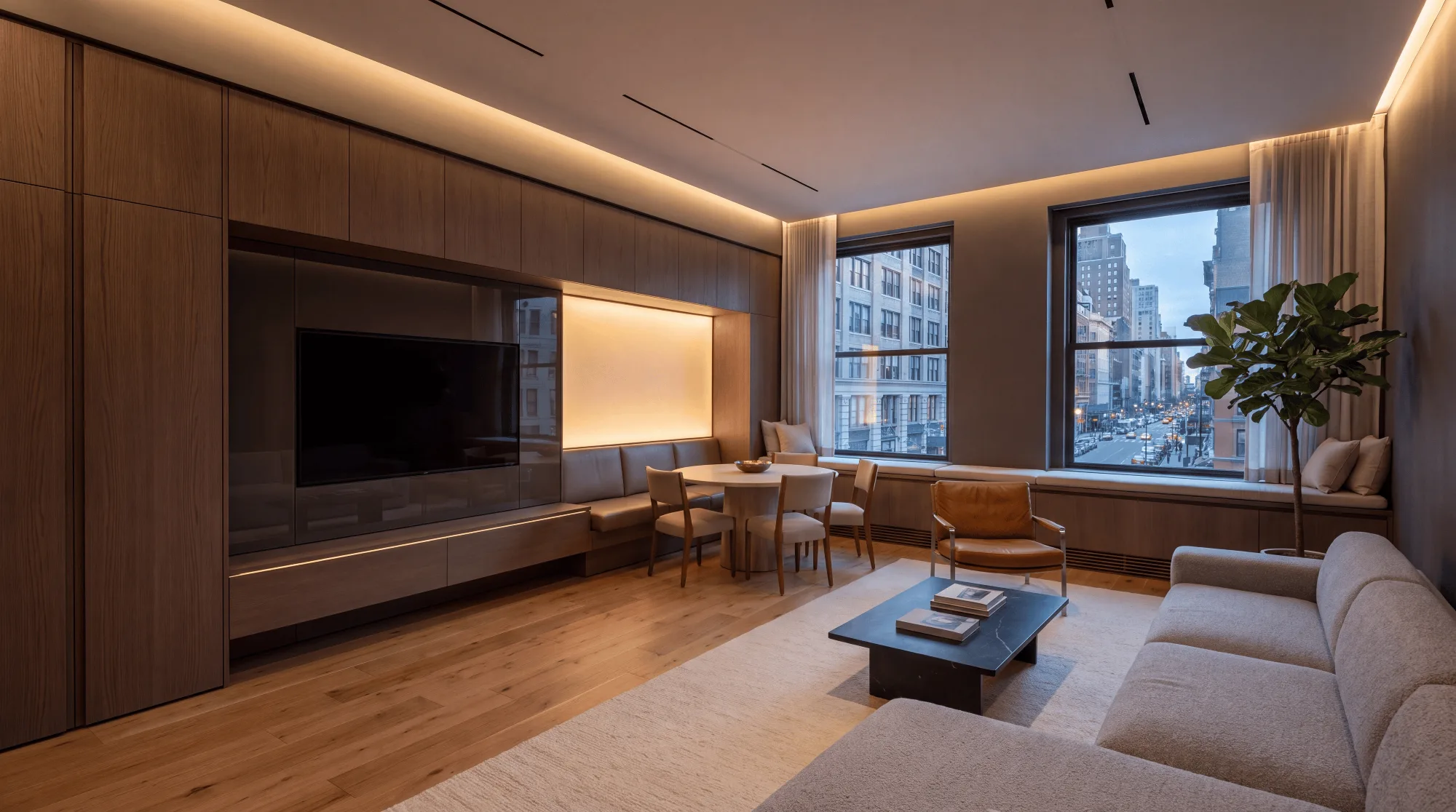 After: a walnut wall with storage to the ceiling, the television set into smoked glass, a lit niche over a banquette, window seats and light along the ceiling edge