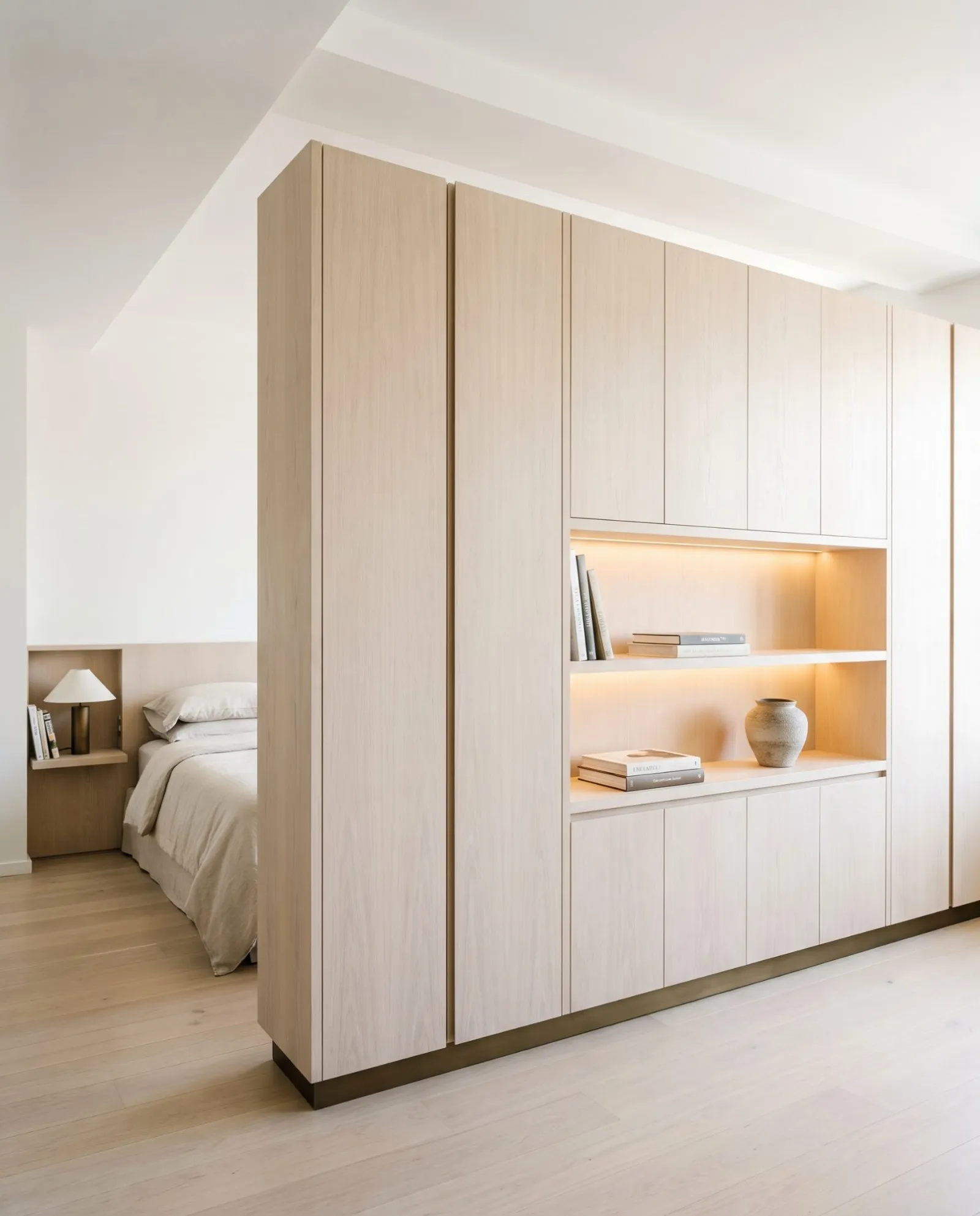 A pale oak wall of flush doors with a lit open niche