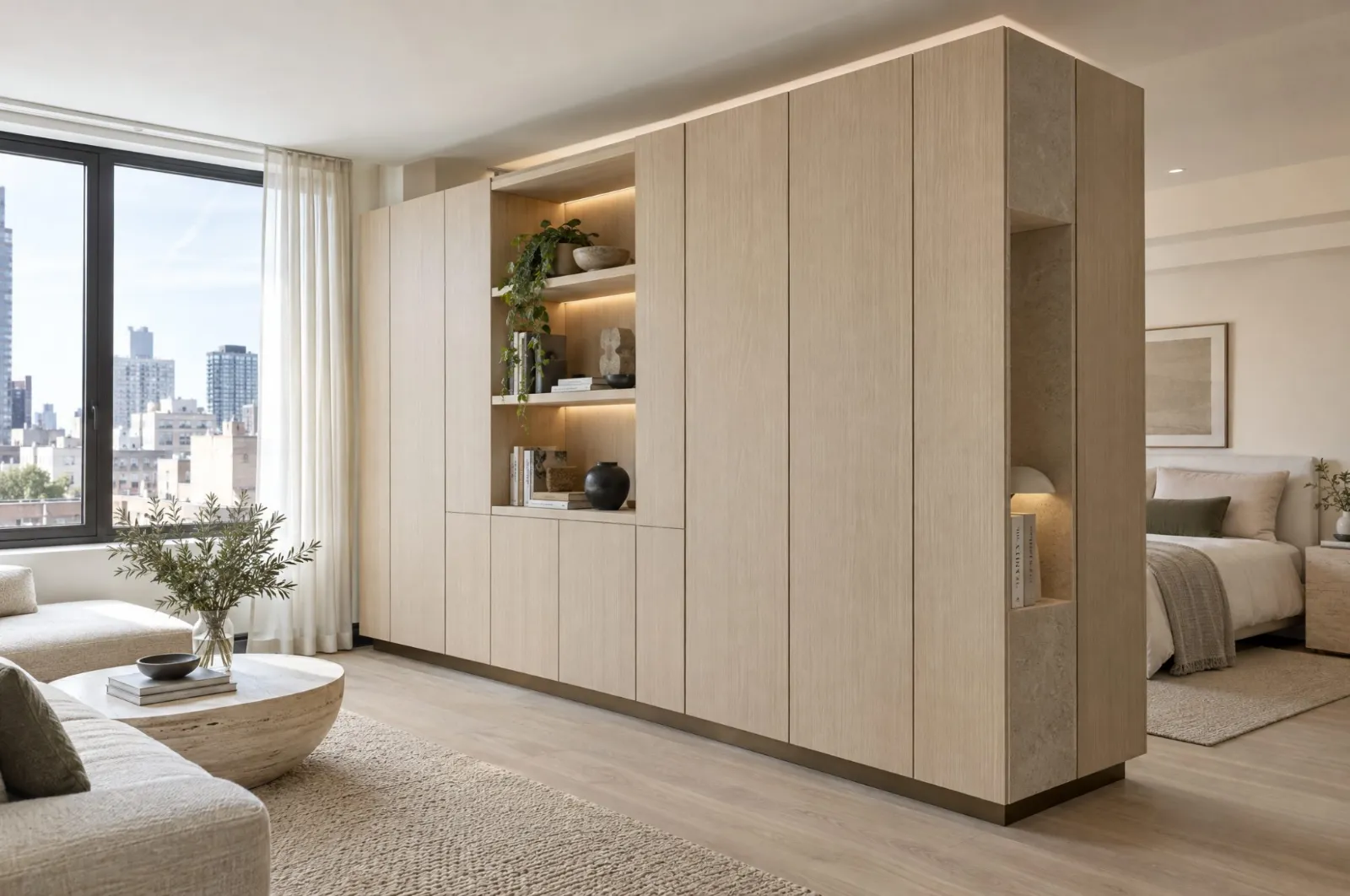 A freestanding oak storage wall dividing a living room from a bedroom