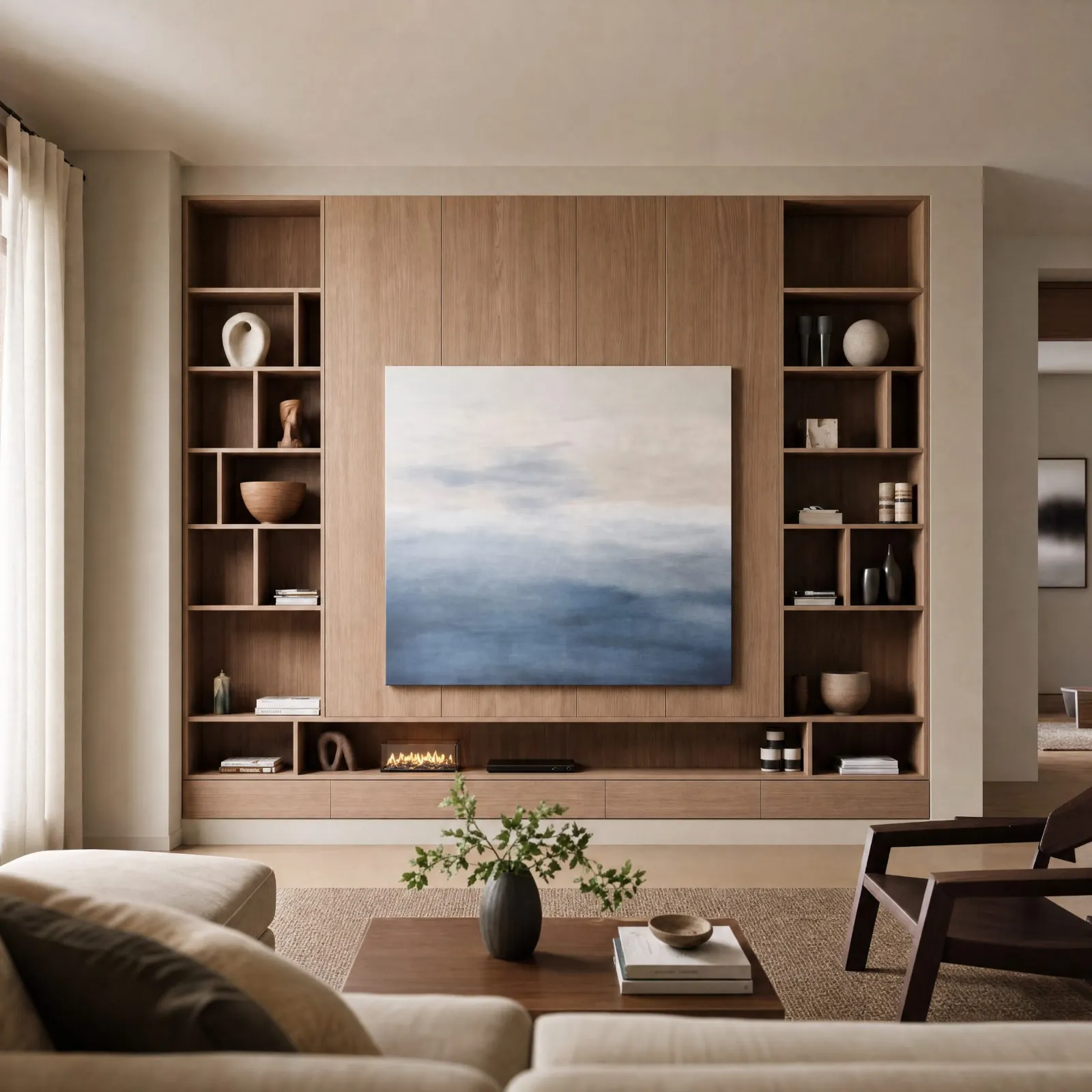 An oak wall with open shelving towers framing a painting