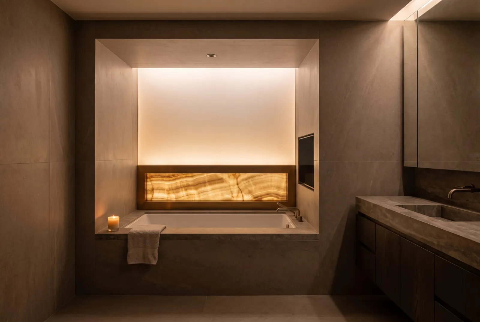 A bathtub set into a niche of backlit honey onyx