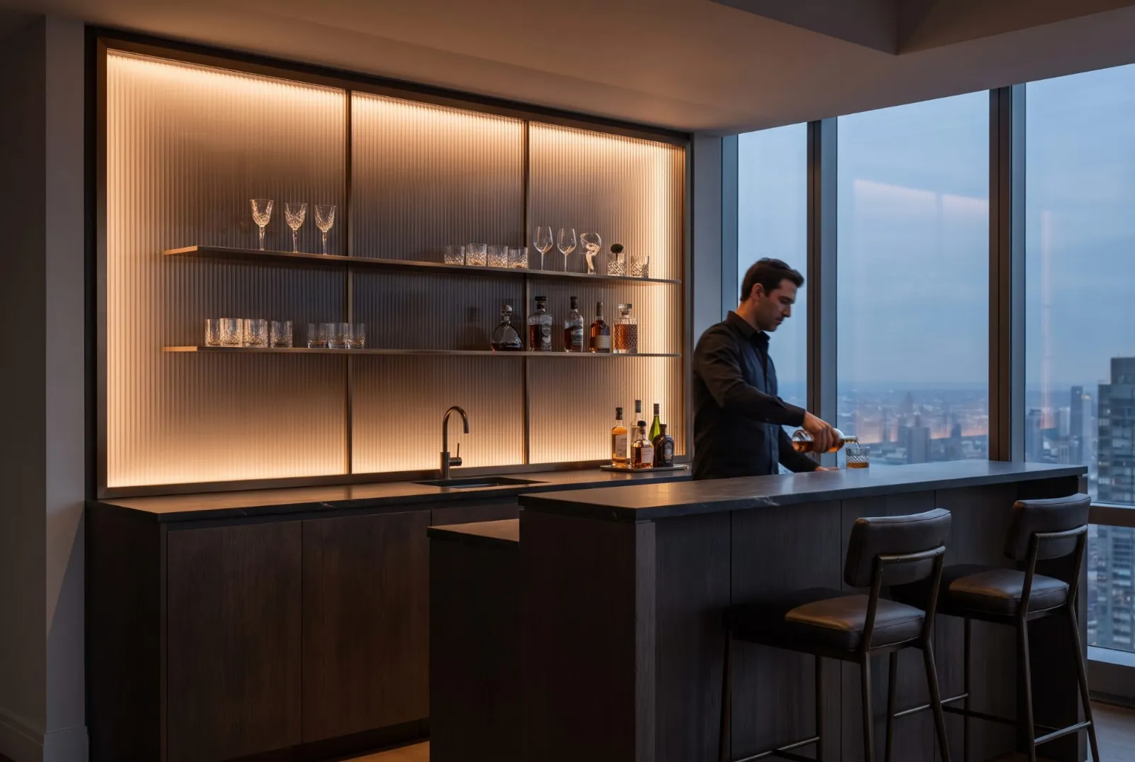 A bar backed by reeded glass panels lit from behind, at dusk