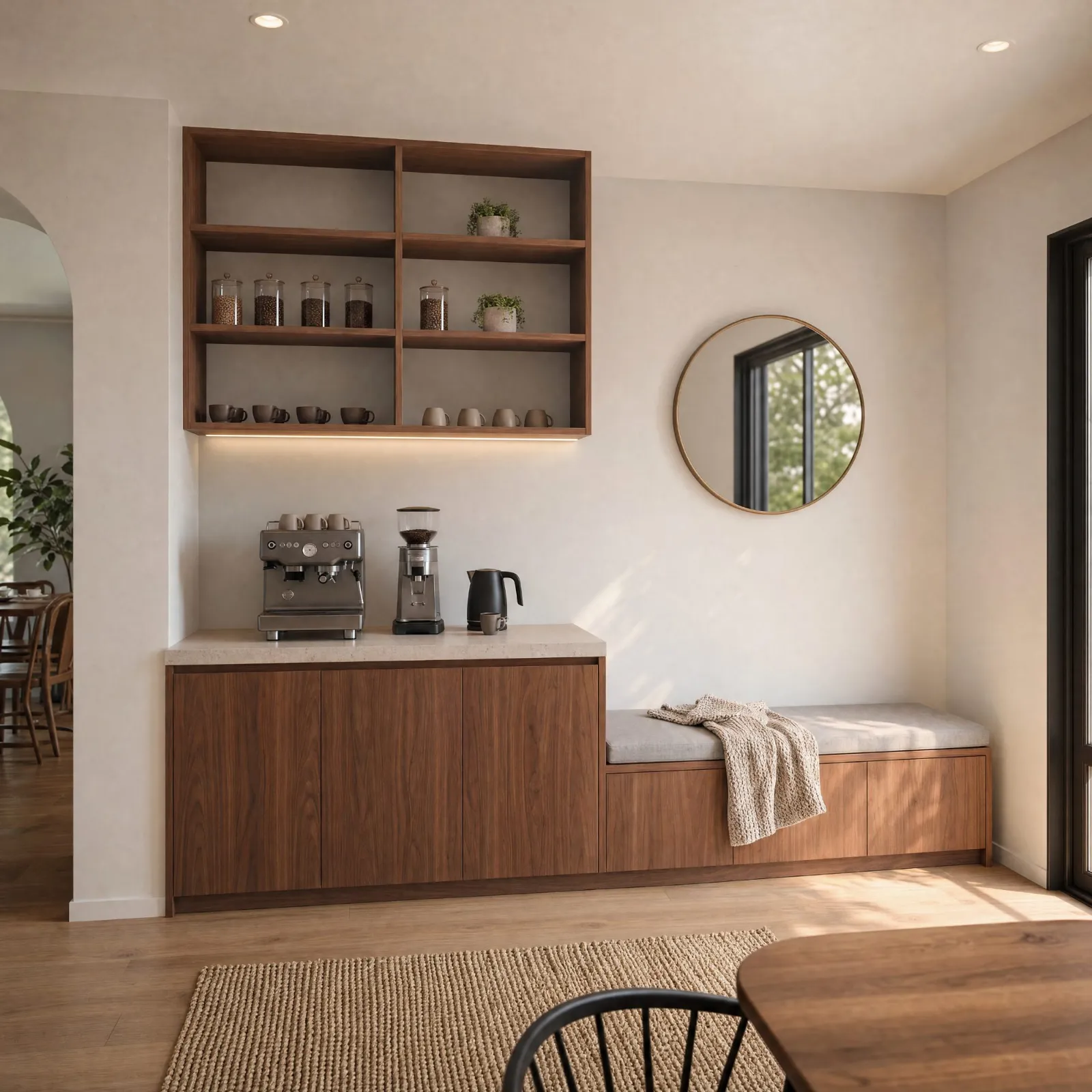 A walnut coffee station with open shelves and a bench